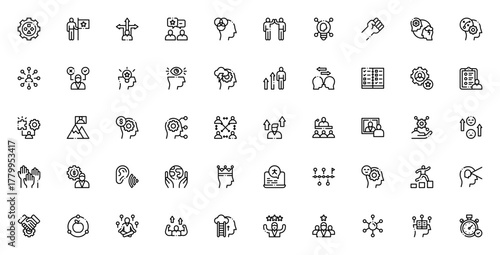 Life Skills icon set. Vector illustration. Includes ymbols for problem solving confidence, teamwork, tim management, self improvemnt, leadership, critical tinking and more.