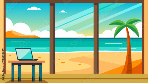 A pictureperfect view of golden sand and crystalclear waters from the window of a remote beach bungalow office.. Vector illustration
