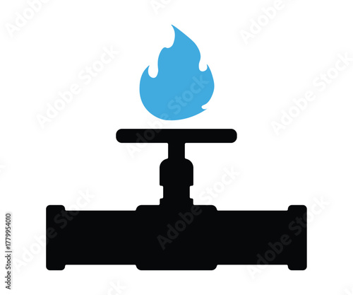 Gas pipeline icon in the form of a gas pipe with a blue flame, flowing from a natural gas field to consumers. Symbol of natural gas price and production. Vector illustration, flat style, EPS 10.