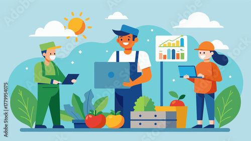 A farmer sells their fresh produce through an online platform connecting with urban customers and expanding their market reach.. Vector illustration