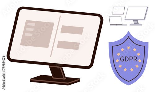 Computer monitor displaying data columns with GDPR shield emblem and smaller monitors. Ideal for data privacy, regulations, cybersecurity, information management, legal technology, digital rights