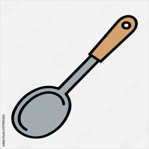 A simple line drawing of a slotted spoon with a wooden handle on a white background.