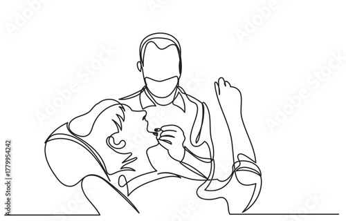 continuous line drawing of a dentist examining a patient’s teeth.Line art a patient is lying back in a dental chair while the dentist,wearing a mask, works carefully on their mouth.vector illustration