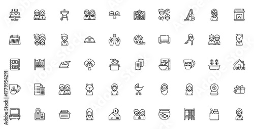 Family Life icon set. Vector illustration. Includes ymbols for birthday cake, randparents, father, mothe, baby, home, pets, and moe. Editable stroke.