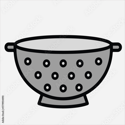 A simple line drawing of a colander with holes on a white background.