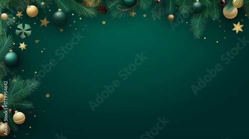 Elegant christmas border with pine branches, baubles, and stars