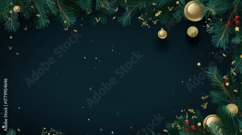 Elegant christmas background with pine branches and gold ornaments