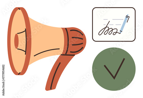 Megaphone for communication, pen with signature for approval, checkmark for validation. Ideal for messaging, branding, agreement, validation, approval advertising teamwork. Simple flat metaphor