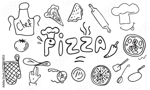 Minimalist vector illustration. Hand drawn doodle pizza banner. Italian restaurant, pizzeria branding with hand drawn pizza, topping ingredients and kitchen tools. 