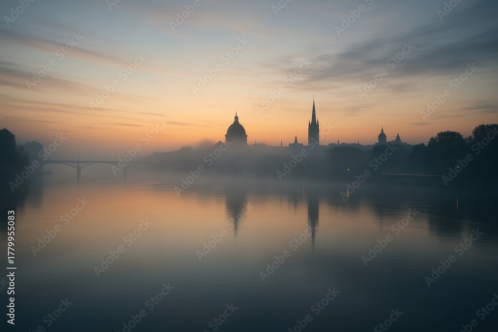 Fototapeta premium Misty dawn over the Thames with iconic London skyline and calm river reflections