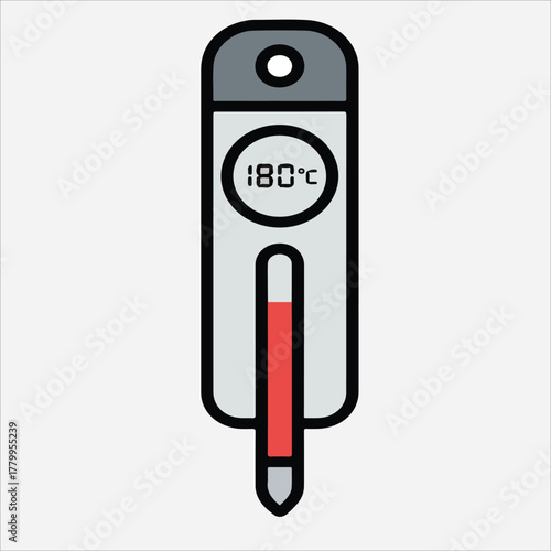Digital illustration of a thermometer displaying 180 degrees Celsius on a white background with a red temperature indicator.