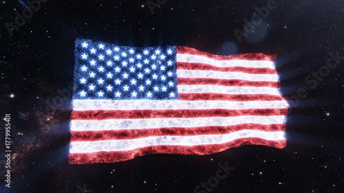 Vibrant American Flag Waving in Space with Glowing Stars and Stripes Patriotic Display.