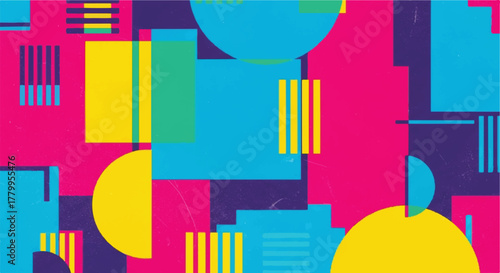 Geometric Symphony: A vibrant abstract composition bursts with a lively dance of color, featuring dynamic shapes and a lively palette of bold hues.