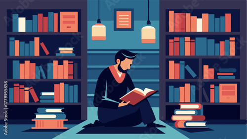 A lone scholar sits in a quiet reading room surrounded by walls lined with shelves of rare and valuable books.. Vector illustration