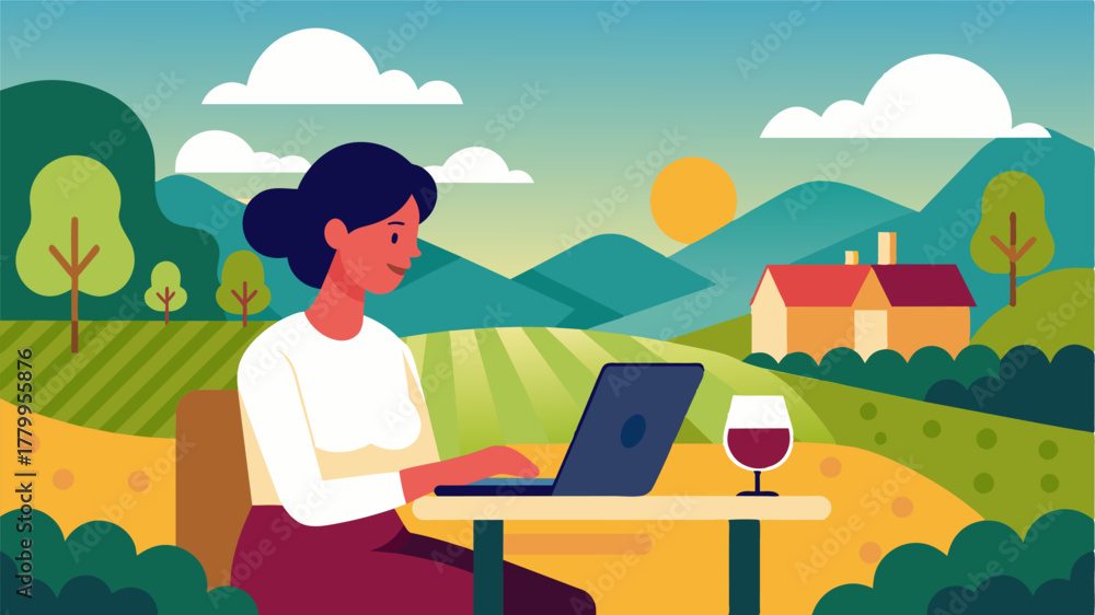 Fototapeta premium A person works on a laptop while sipping a glass of wine at a vineyard enjoying a workation in the countryside.. Vector illustration