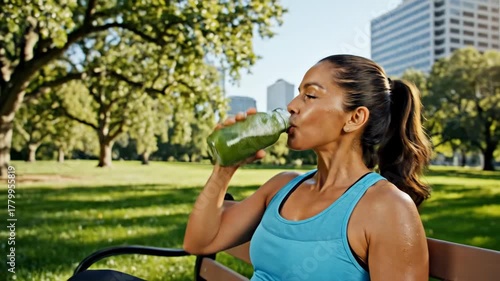 Woman in blue tank top drinking green smoothie in park after workout.