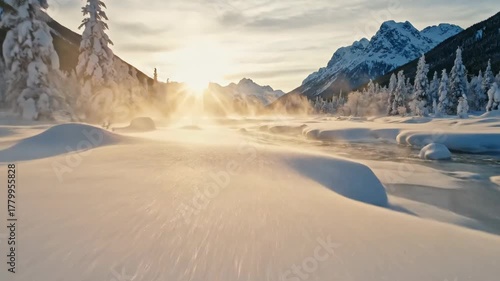 Winter Wonderland Majestic Mountain Landscape with SnowCovered Trees and Icy River at Sunrise.