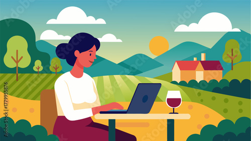 A person works on a laptop while sipping a glass of wine at a vineyard enjoying a workation in the countryside.. Vector illustration