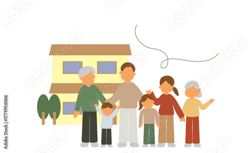 新居の前で写真を撮る三世代家族のイラスト