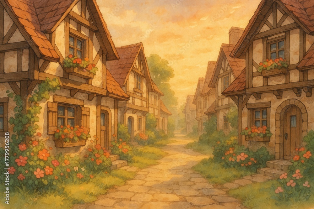 Obraz premium Warm sunset over a charming cottage lane in storybook anime village illustration