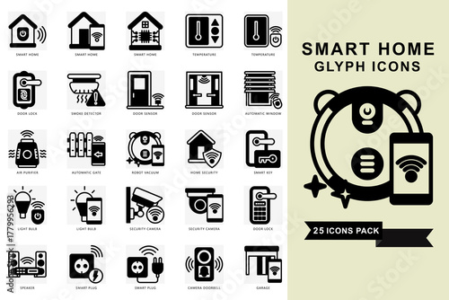 Smart Home glyph icons set. contain evaluation, target audience, business survey, insight, market, network and more. Vector for modern concept, print, UI, UX kit, web and app development.
