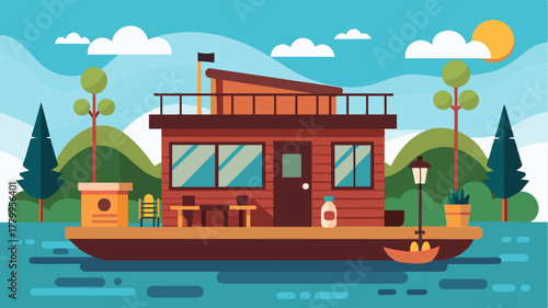 A rustic little houseboat equipped with all the necessary amenities for a productive workation surrounded by peaceful nature and endless water.. Vector illustration