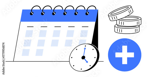 Spiral calendar, clock, stack of coins, and plus sign emphasize time planning, savings, healthcare, productivity, investment scheduling team collaboration. Ideal for simple flat metaphor
