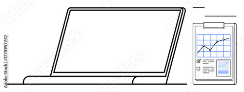 Open laptop beside clipboard featuring graphs and checkboxes, emphasizing productivity, analysis, and planning. Ideal for business, strategy, technology, data, growth reports and a simple flat