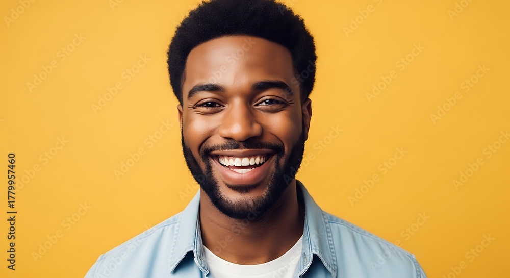 Obraz premium Portrait of a handsome african american man with a bright smile, exuding confidence and positivity against a vibrant yellow backdrop