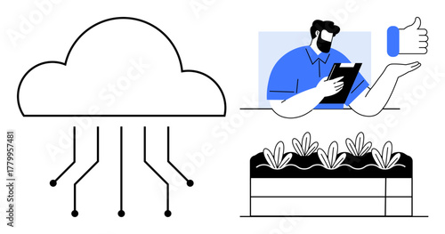 Cloud network with data lines, farmer using tablet, growing plants, and thumbs-up. Ideal for agriculture, technology, innovation, farming solutions, sustainability smart devices eco-friendly