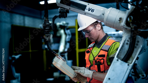 Quadro em tela An engineer works on an AI robotic arm, representing the future of work