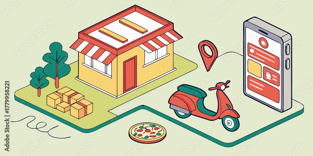Obraz premium Seamless food delivery experience with a charming shop, scooter, and modern mobile app interface for ultimate customer convenience