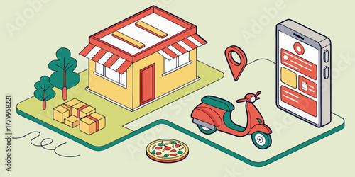 Seamless food delivery experience with a charming shop, scooter, and modern mobile app interface for ultimate customer convenience