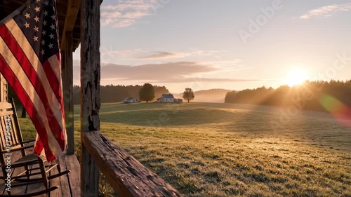 American Flag on Porch with Sunrise Over Rural Landscape.