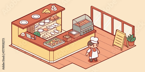 Charming isometric scene of a friendly chef standing by a vibrant food counter ready to serve delicious meals with a welcoming atmosphere