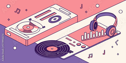 Immerse yourself in vibrant soundscapes with modern music technology featuring turntables and headphones for an amplified audio experience