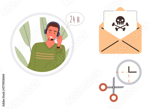 Customer service agent in headset near a speech bubble, email with skull icon, timer, and scissors. Ideal for online communication, cybersecurity, email risk, urgency, support threats simple flat