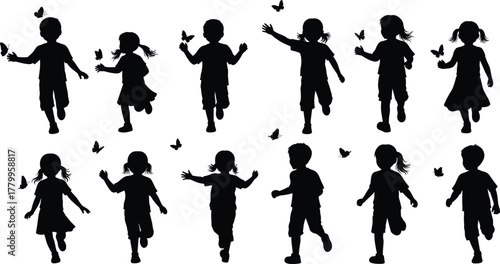 Silhouettes of twelve children running, playing, chasing butterflies, outdoors, joyful, energetic, carefree, nature, freedom, childhood, motion, interaction, happiness, summer, fun, casual clothing, 