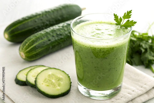 Green cucumber juice in a glass with fresh cucumber on white background
