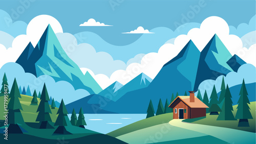 A serene mountainous landscape with a small cabin at the center as a remote work haven.. Vector illustration