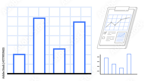 Bar graph with grid background, clipboard showing report, and mini bar chart. Ideal for analytics, business, statistics, report, strategy research growth. Clean and simple flat metaphor