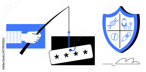 Hand with fishing rod catches password, shield symbolizes security. Ideal for cybersecurity, internet safety, danger prevention, phishing awareness, secure access, online threats, simple flat