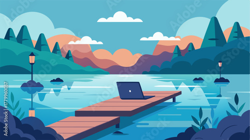 A quaint wooden dock is anchored in a still lake with a laptop p perfectly in the center as its user looks out at the peaceful surroundings.. Vector illustration