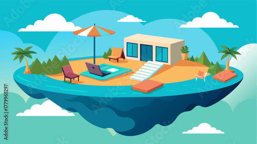 A floating coworking space in the middle of the resorts infinity pool equipped with floating desks and bean bag chairs for a refreshing and unconventional workday.. Vector illustration