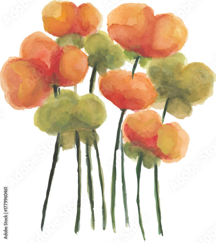 Artistic Watercolor Blooms with Green Foliage