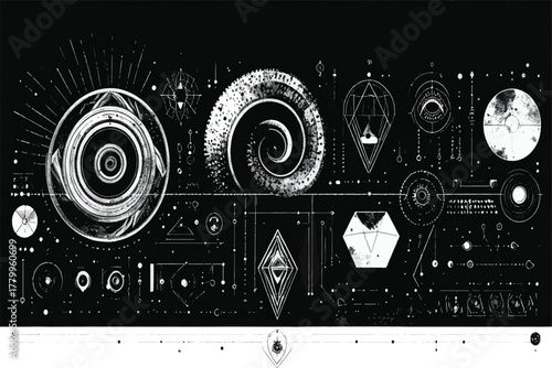 Esoteric Geometric Symbols and Spiral Nebula on Black Background Keywords: esoteric, geometric, symbols, spiral