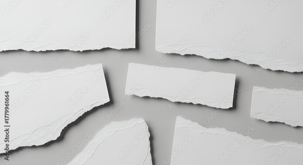 Fototapeta premium Minimalist composition featuring torn white paper fragments on a neutral background