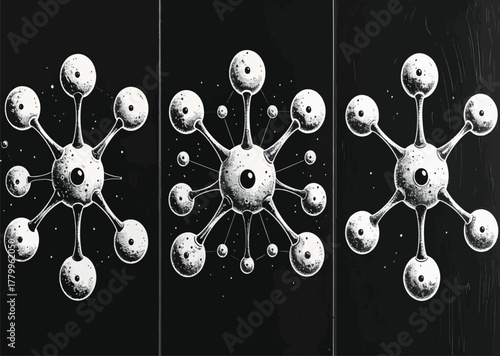 Triptych of Stylized Atom or Molecule Illustrations on Black Background science abstract