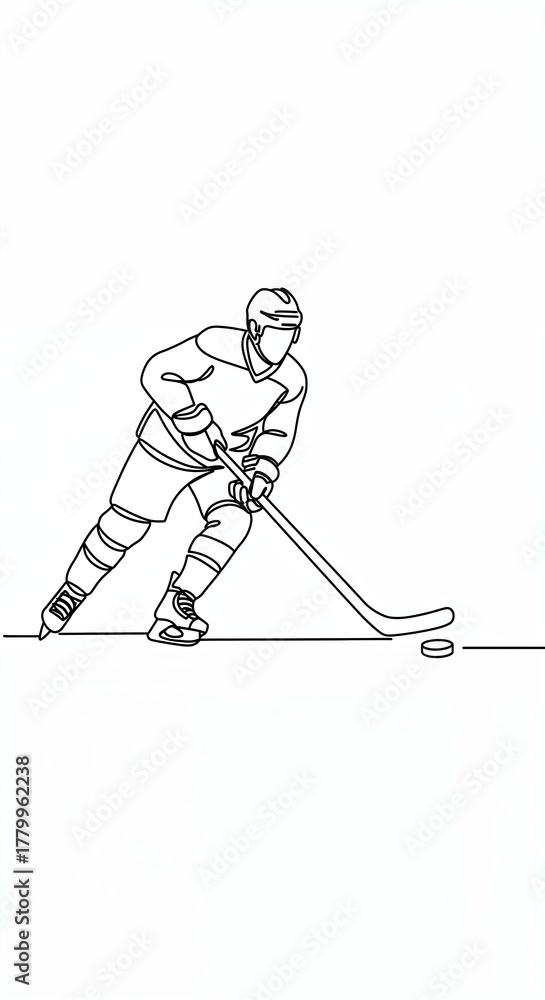 Fototapeta premium A dynamic minimalist single-line illustration captures a hockey player in full gear, skillfully maneuvering a puck with a stick on a bright, uncluttered white surface.