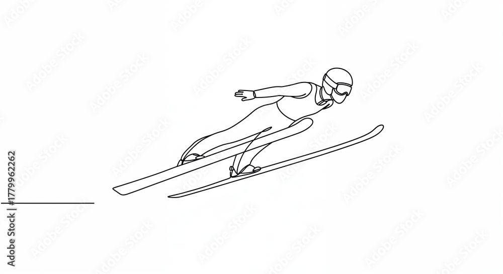 Fototapeta premium A minimalist single-line illustration depicts a ski jumper gracefully soaring through the air, captured in an elegant, continuous black stroke on a clean white background.